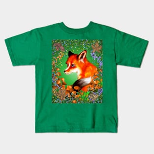 Red Fox with Green Background and Flowers Kids T-Shirt